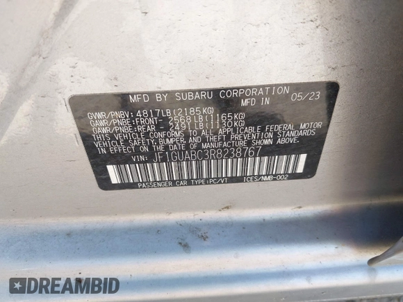 2024 Subaru Impreza with VIN JF1GUABC3R8238767, listed as a IAAI auction lot 42322908 with 20,445 mi miles and . Bid and sale history available at DreamBid. Image 9.