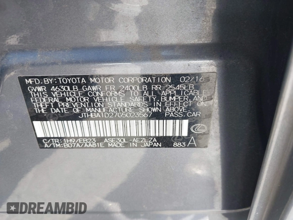2016 Lexus IS 200t with VIN JTHBA1D27G5023567, listed as a IAAI auction lot 41347193 with Not Provided miles and . Bid and sale history available at DreamBid. Image 9.