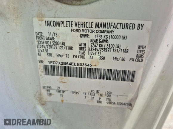 2014 Ford F-250 XL with VIN 1FD7X2B64EEB03645, listed as a IAAI auction lot 42677861 with 354,237 mi miles and . Bid and sale history available at DreamBid. Image 6.