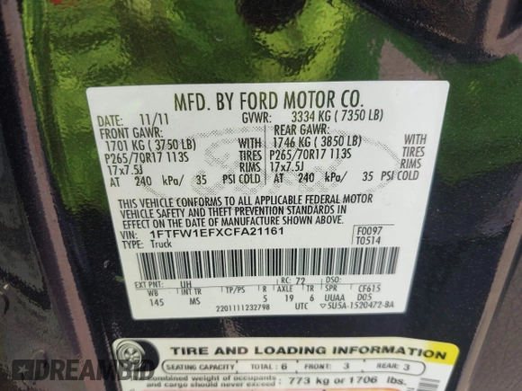 2012 Ford F-150 XL with VIN 1FTFW1EFXCFA21161, listed as a IAAI auction lot 42412913 with 239,476 mi miles and . Bid and sale history available at DreamBid. Image 9.