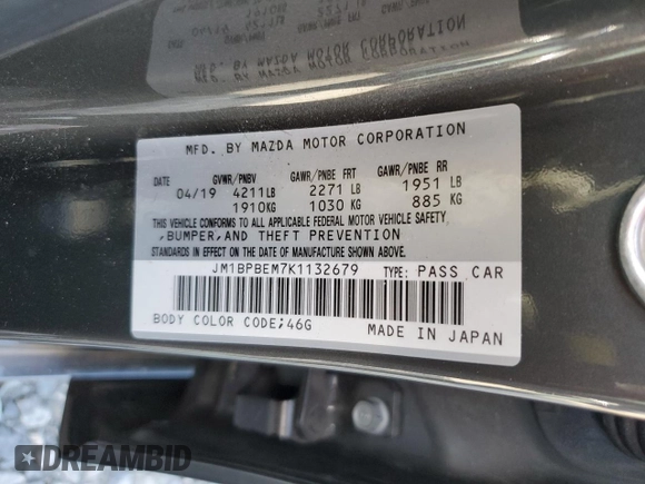 2019 Mazda 3 Premium with VIN JM1BPBEM7K1132679, listed as a Copart auction lot 62486334 with 26,919 mi miles and Salvage Title. Bid and sale history available at DreamBid. Image 15.