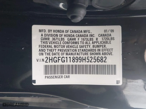 2009 Honda Civic Cpe EX with VIN 2HGFG11899H525682, listed as a IAAI auction lot 41227985 with 147,154 mi miles. Bid and sale history available at carsss.com. Image 9.