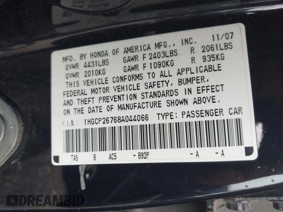 2008 Honda Accord EX with VIN 1HGCP26768A044066, listed as a IAAI auction lot 42231357 with 189,642 mi miles and . Bid and sale history available at DreamBid. Image 9.