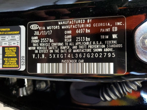 2018 Kia Optima S with VIN 5XXGT4L36JG202795, listed as a Copart auction lot 60000645 with 15,217 mi miles and Salvage title. Bid and sale history available at DreamBid. Image 12.