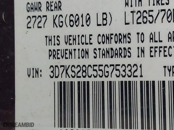 2005 Dodge Ram 2500 SLT with VIN 3D7KS28C55G753321, listed as a IAAI auction lot 41617859 with 292,480 mi miles. Bid and sale history available at carsss.com. Image 9.