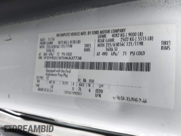 2017 Ford Transit with VIN 1FDYR2CM7HKA37738, listed as a IAAI auction lot 42231310 with 150,260 mi miles and . Bid and sale history available at DreamBid. Image 9.
