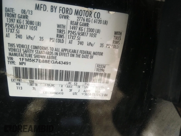 2014 Ford Explorer with VIN 1FM5K7B88EGA43491, listed as a IAAI auction lot 41320227 with 203,131 mi miles and . Bid and sale history available at DreamBid. Image 9.