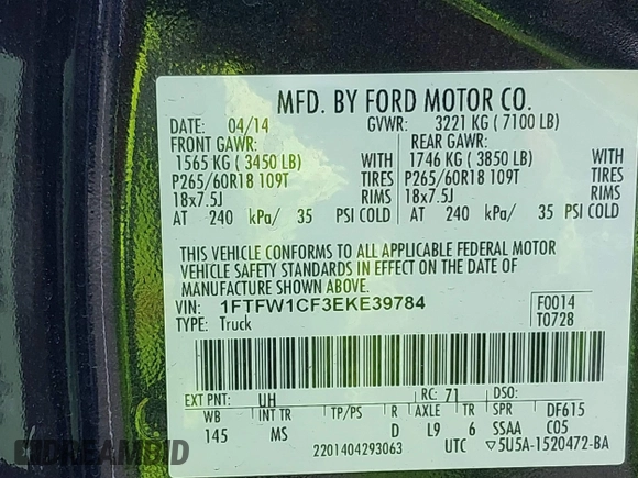 2014 Ford F-150 XL with VIN 1FTFW1CF3EKE39784, listed as a IAAI auction lot 42583629 with 160,468 mi miles and . Bid and sale history available at DreamBid. Image 9.