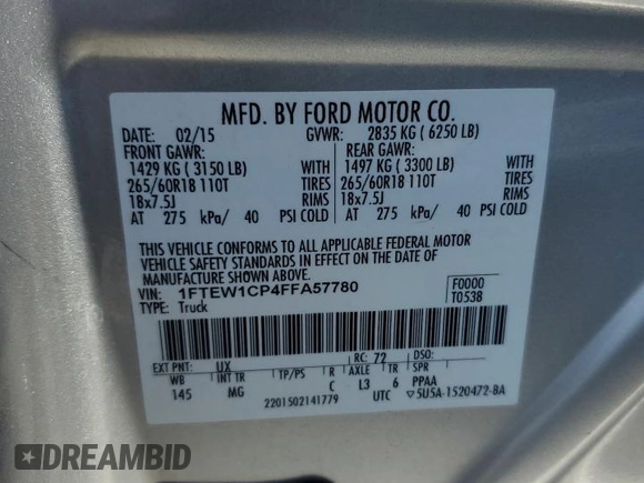 2015 Ford F-150 XL with VIN 1FTEW1CP4FFA57780, listed as a Copart auction lot 64268785 with 160,714 mi miles and Salvage title. Bid and sale history available at DreamBid. Image 12.