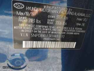 2019 Hyundai Elantra SEL with VIN 5NPD84LF3KH481692, listed as a IAAI auction lot 42085818 with 106,908 mi miles. Bid and sale history available at carsss.com. Image 9.
