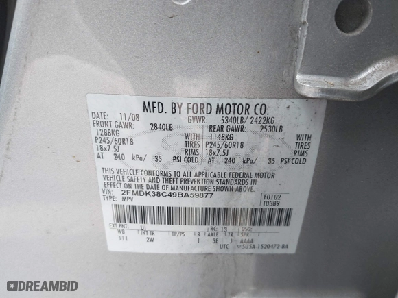 2009 Ford Edge SEL with VIN 2FMDK38C49BA59877, listed as a IAAI auction lot 41376870 with 102,192 mi miles. Bid and sale history available at carsss.com. Image 9.