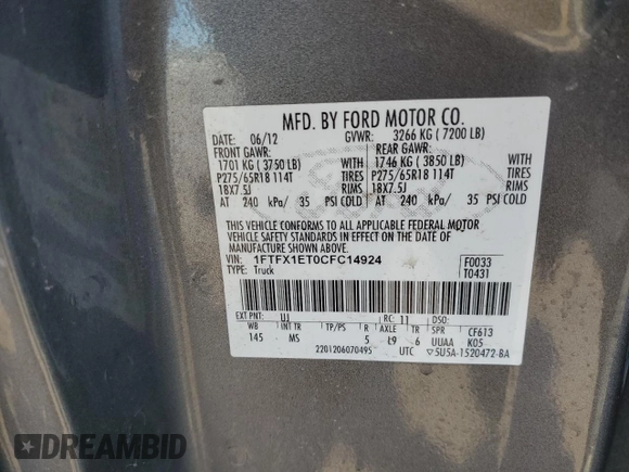 2012 Ford F-150 XL with VIN 1FTFX1ET0CFC14924, listed as a Copart auction lot 48986885 with 255,961 mi miles and Salvage Title. Bid and sale history available at carsss.com. Image 14.