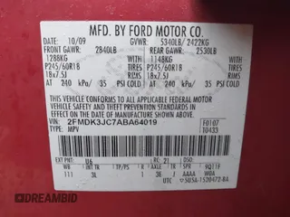 2010 Ford Edge SEL with VIN 2FMDK3JC7ABA64019, listed as a IAAI auction lot 41937308 with 121,579 mi miles. Bid and sale history available at carsss.com. Image 9.