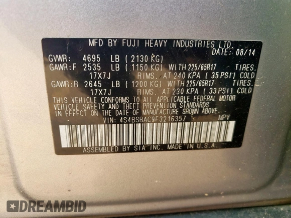 2015 Subaru Outback 2.5i with VIN 4S4BSBAC9F3216357, listed as a Copart auction lot 61061245 with 199,087 mi miles and Clean title. Bid and sale history available at DreamBid. Image 14.
