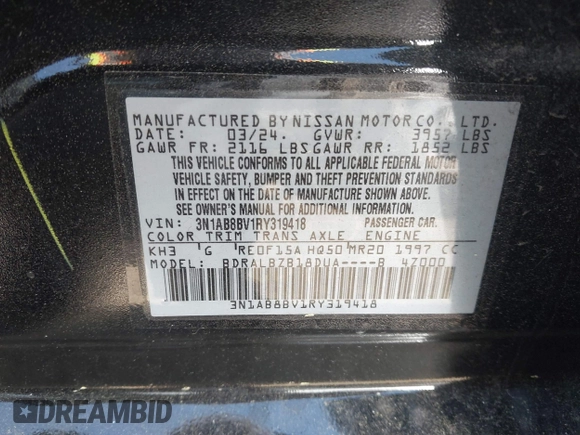 2024 Nissan Sentra S with VIN 3N1AB8BV1RY319418, listed as a IAAI auction lot 41869469 with 22,090 mi miles. Bid and sale history available at carsss.com. Image 9.