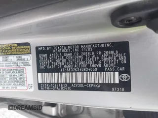 2004 Toyota Camry LE with VIN 4T1BE32K34U824059, listed as a IAAI auction lot 41344406 with 172,003 mi miles and . Bid and sale history available at DreamBid. Image 9.