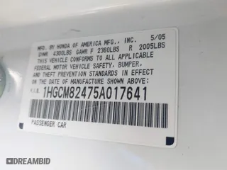 2005 Honda Accord Cpe LX V6 SE with VIN 1HGCM82475A017641, listed as a IAAI auction lot 41649960 with 177,863 mi miles. Bid and sale history available at carsss.com. Image 9.