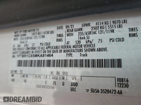 2021 Ford Transit Cargo with VIN 1FTBR1C85MKA81464, listed as a Copart auction lot 53979985 with 90,127 mi miles and Salvage Title. Bid and sale history available at DreamBid. Image 12.