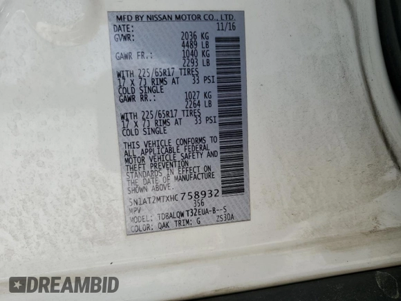 2017 Nissan Rogue SV with VIN 5N1AT2MTXHC758932, listed as a Copart auction lot 51262145 with 189,795 mi miles and Salvage Title. Bid and sale history available at carsss.com. Image 13.