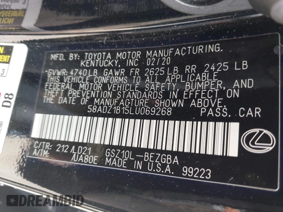 2020 Lexus ES 350 с VIN 58ADZ1B15LU069268, выставлен на аукционе IAAI как лот 41747039 с пробегом 143 025 миль миль и . История ставок и продаж доступна на DreamBid. Изображение 9.