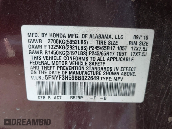 2011 Honda Pilot EX-L z VIN 5FNYF3H59BB022649, wystawiony jako IAAI lot #42374785 z przebiegiem 194 431 mil mil oraz . Historia ofert i sprzedaży dostępna na DreamBid. Obrazek 9.