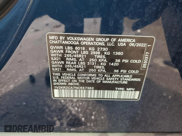 2022 Volkswagen Atlas SE z VIN 1V2KR2CA7NC557362, wystawiony jako Copart lot #60083205 z przebiegiem 64 642 mil mil oraz Szkoda całkowita • Salvage title. Historia ofert i sprzedaży dostępna na DreamBid. Obrazek 13.