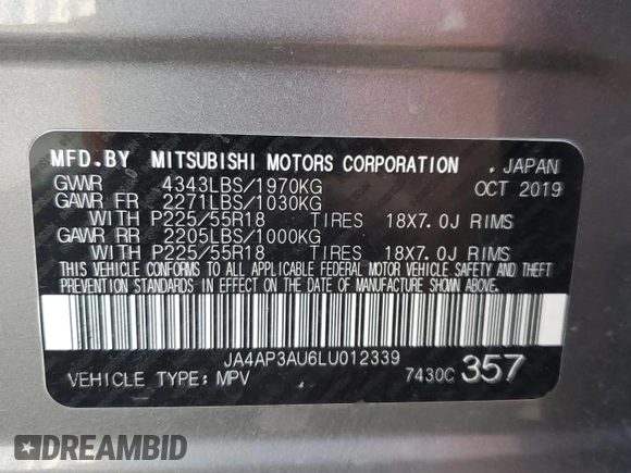 2020 Mitsubishi Outlander ES with VIN JA4AP3AU6LU012339, listed as a Copart auction lot 61730055 with 132,917 mi miles and Clean title. Bid and sale history available at DreamBid. Image 13.