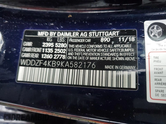 2019 Mercedes-Benz E-Class E 300 with VIN WDDZF4KB9KA582176, listed as a Copart auction lot 48872375 with 0 mi miles and Salvage Title. Bid and sale history available at carsss.com. Image 12.