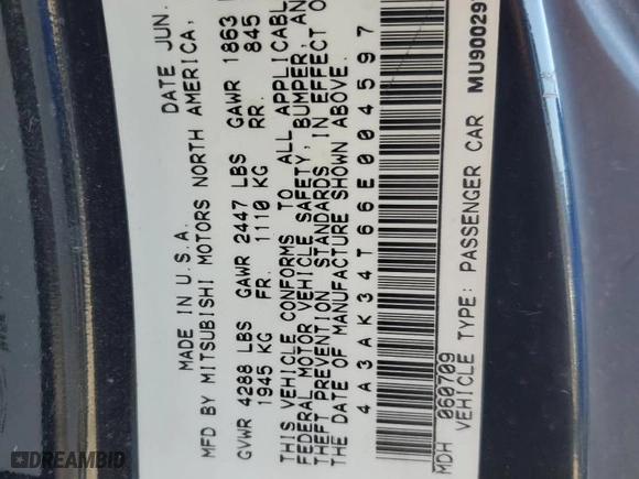 2006 Mitsubishi Eclipse GT with VIN 4A3AK34T66E004597, listed as a Copart auction lot 73943134 with 0 mi miles and Salvage Title. Bid and sale history available at carsss.com. Image 12.