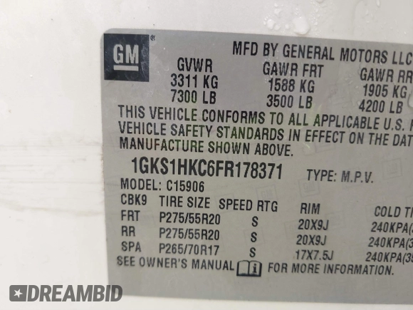 2015 GMC Yukon XL SLT with VIN 1GKS1HKC6FR178371, listed as a IAAI auction lot 41896486 with 159,282 mi miles. Bid and sale history available at carsss.com. Image 9.