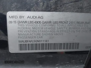 2016 Audi A4 Premium with VIN WAUBFAFL5GN011181, listed as a IAAI auction lot 40725757 with 86,435 mi miles. Bid and sale history available at carsss.com. Image 9.