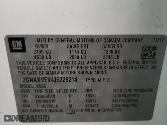 2018 Chevrolet Equinox Premier with VIN 2GNAXVEV4J6228214, listed as a Copart auction lot 51089315 with 70,451 mi miles and Salvage Title. Bid and sale history available at DreamBid. Image 13.