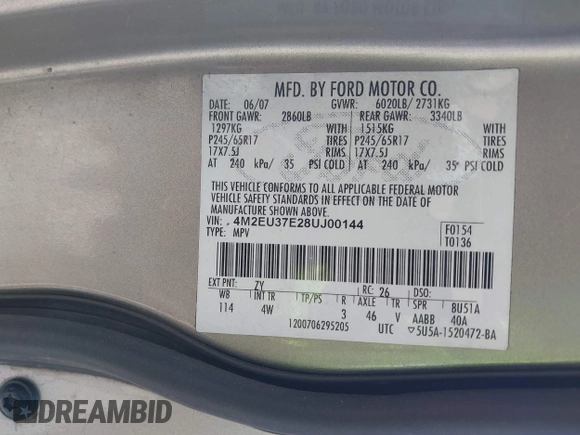 2008 Mercury Mountaineer with VIN 4M2EU37E28UJ00144, listed as a IAAI auction lot 42036528 with Not provided miles and . Bid and sale history available at DreamBid. Image 9.