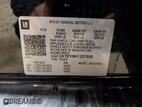 2019 Chevrolet Silverado 2500HD LTZ with VIN 1GC1KTEY8KF237950, listed as a Copart auction lot 51209725 with 127,057 mi miles and Salvage Title. Bid and sale history available at carsss.com. Image 12.