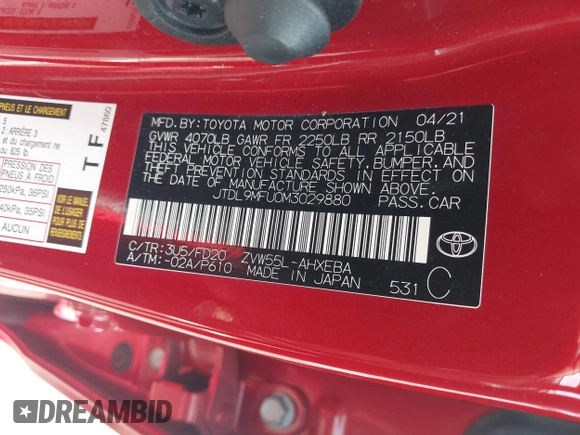 2021 Toyota Prius LE with VIN JTDL9MFU0M3029880, listed as a IAAI auction lot 42450003 with 91,558 mi miles and . Bid and sale history available at DreamBid. Image 9.