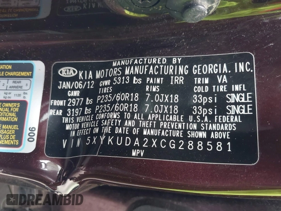2012 Kia Sorento EX with VIN 5XYKUDA2XCG288581, listed as a IAAI auction lot 42011463 with 449,858 mi miles. Bid and sale history available at carsss.com. Image 9.
