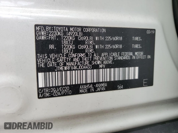 2019 Toyota RAV4 Hybrid XSE with VIN JTMEWRFV4KJ004433, listed as a Copart auction lot 58400445 with 101,108 mi miles and Salvage title. Bid and sale history available at DreamBid. Image 13.