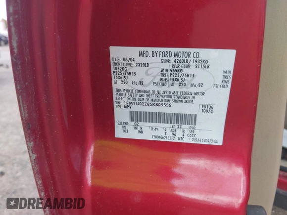 2005 Ford Escape XLS Value с VIN 1FMYU02Z85KB05556, выставлен на аукционе IAAI как лот 42744846 с пробегом 364 675 миль миль и . История ставок и продаж доступна на DreamBid. Изображение 9.