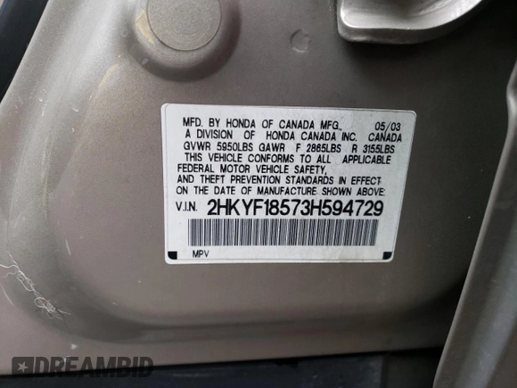 2003 Honda Pilot EX with VIN 2HKYF18573H594729, listed as a Copart auction lot 50895885 with 358,500 mi miles and Salvage Title. Bid and sale history available at DreamBid. Image 15.