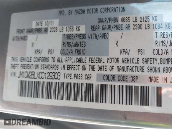 2012 Mazda 5 Sport with VIN JM1CW2BLXC0129303, listed as a IAAI auction lot 42556899 with 200,863 mi miles and . Bid and sale history available at DreamBid. Image 9.