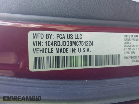 2021 Dodge Durango GT Plus with VIN 1C4RDJDG9MC751224, listed as a IAAI auction lot 41415688 with 54,598 mi miles and . Bid and sale history available at DreamBid. Image 9.