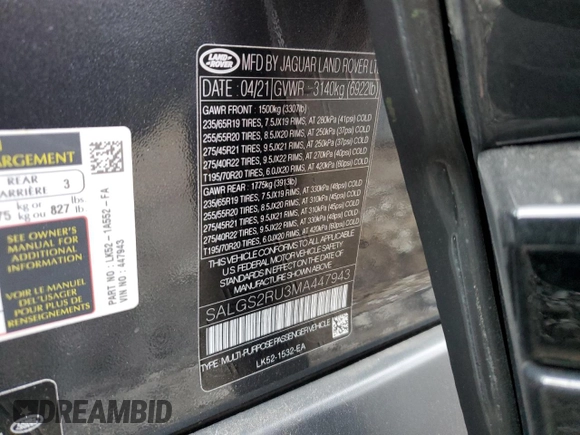 2021 Land Rover Range Rover Westminster z VIN SALGS2RU3MA447943, wystawiony jako Copart lot #87261774 z przebiegiem 42 813 mil mil oraz Szkoda całkowita • Salvage title. Historia ofert i sprzedaży dostępna na DreamBid. Obrazek 13.