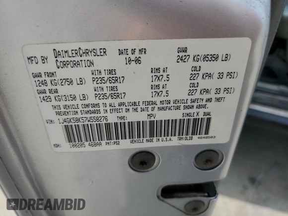 2007 Jeep Liberty Limited z VIN 1J4GK58K57W558276, wystawiony jako Copart lot #60193375 z przebiegiem 200 584 mil mil oraz Szkoda całkowita • Salvage title. Historia ofert i sprzedaży dostępna na DreamBid. Obrazek 12.