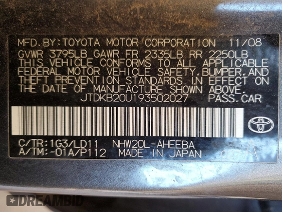 2009 Toyota Prius with VIN JTDKB20U193502027, listed as a Copart auction lot 55032265 with Not Provided miles and Salvage Title. Bid and sale history available at DreamBid. Image 12.