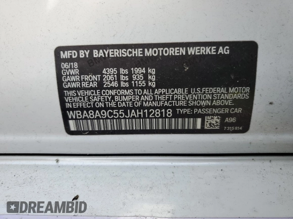 2018 BMW 3 Series 320i with VIN WBA8A9C55JAH12818, listed as a Copart auction lot 52110515 with 72,522 mi miles and Salvage title. Bid and sale history available at DreamBid. Image 12.