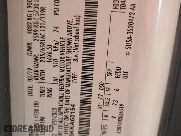 2019 Ford Transit Passenger XL z VIN 1FBZX2ZM6KKA60154, wystawiony jako Copart lot #52922675 z przebiegiem Nie podano mil oraz Tytuł czysty. Historia ofert i sprzedaży dostępna na DreamBid. Obrazek 13.