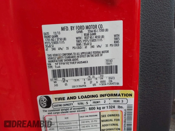 2014 Ford F-150 XL with VIN 1FTFW1ET0EFA05463, listed as a IAAI auction lot 42037670 with 219,154 mi miles and . Bid and sale history available at DreamBid. Image 9.
