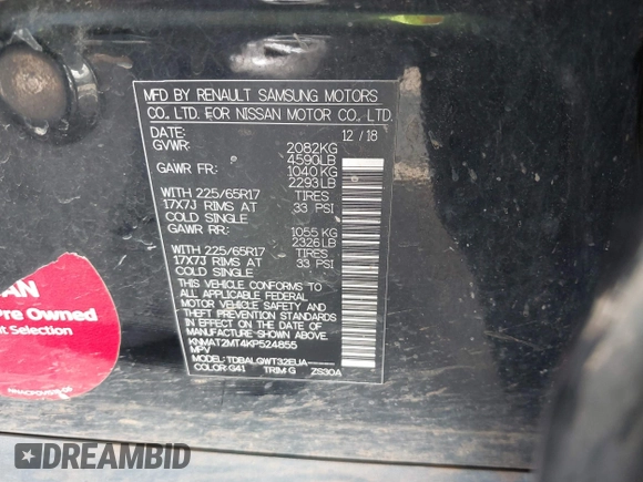 2019 Nissan Rogue SV with VIN KNMAT2MT4KP524855, listed as a IAAI auction lot 41787792 with 141,650 mi miles and . Bid and sale history available at carsss.com. Image 9.