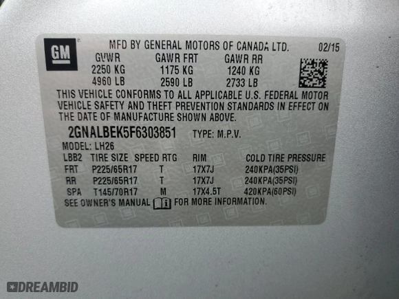 2015 Chevrolet Equinox LT with VIN 2GNALBEK5F6303851, listed as a Copart auction lot 50466925 with 203,985 mi miles and Clean Title. Bid and sale history available at carsss.com. Image 13.