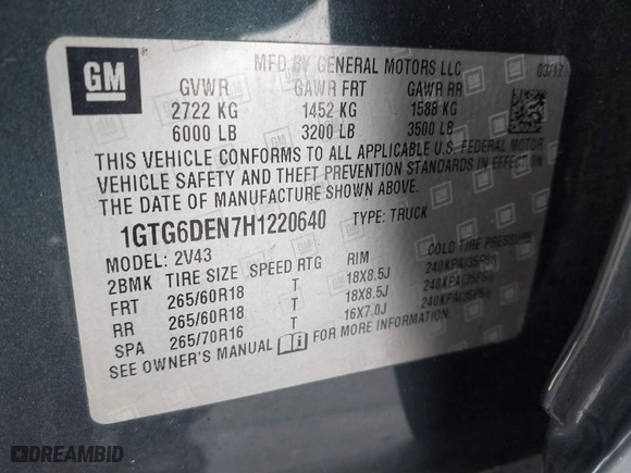 2017 GMC Canyon 4WD SLT with VIN 1GTG6DEN7H1220640, listed as a IAAI auction lot 41737367 with 58,513 mi miles. Bid and sale history available at carsss.com. Image 9.